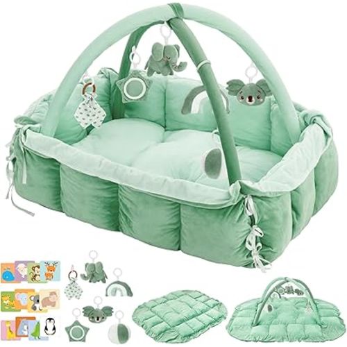5-in-1 Baby Play Gym and Tummy Time Mat, 12 Learning Cards, Plush Activity Mat with 6 Toys, Baby Gym, Convertible to Ball Pit, Baby Gift, Sage Green