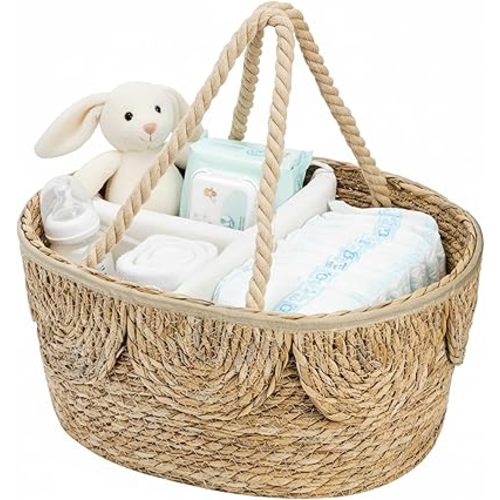 Lawei Little Diaper Caddy Organizer, Handwoven Natural Rush Grass Nursery Baby Basket with Removable Cotton Divider, Portable Rattan Diaper Storage Basket Bin for Changing Table, Baby Shower Gifts