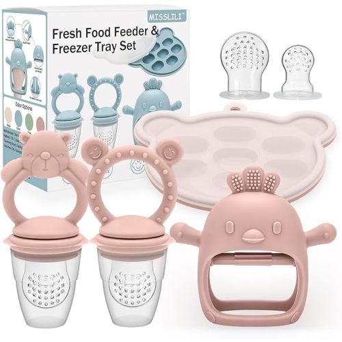 4 Pack Silicone Teething Mitten for Babies with Baby Fruit Food Feeder & Freezer Tray Set, BPA Free Infant Teething Relief Toy for 3 Month+, Additional Silicone Sacs