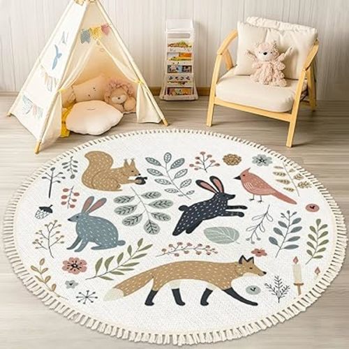 Round Rugs Hand Drawn Scandinavian Style Set Forest Animals Plants Clip Boho Area Rug Linen and Cotton Carpet Meditation Rug Washable Hallway Runner Mat Accent Rug for Bedroom Bathroom 3ft