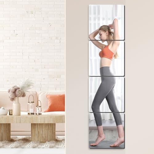 scumio 4 Pcs Full Length Wall Mirror Tiles, 12 x 12 in Self Adhesive Acrylic Square Flexible Mirror Sheets Wall Stickers Frameless Mirrors Set for Bathroom Home Gym Door Mirror