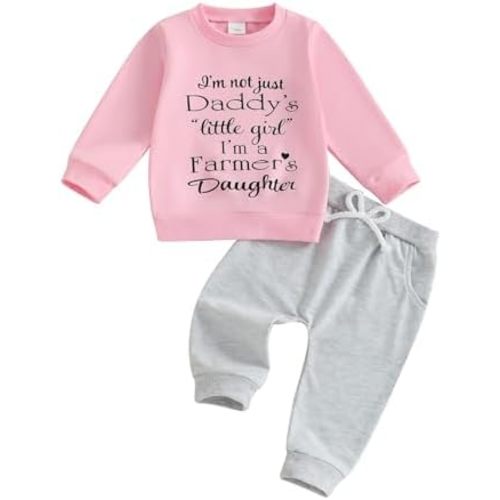 Toddler Baby Girls Fall Outfits 2PCS Farmers Daughter Letter Print Long Sleeve Sweatshirt And Elastic Pants Set