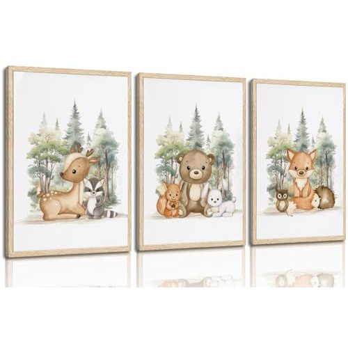 3 Pcs Nursery Woodland Animals Canvas Wall Art Fox Bear Deer Painting Picture Wall Decor Cute Wild Animals Poster Print Artwork For Baby Bedroom Kids Room Home Decoration (12inx16in Unframed)
