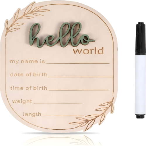 CCOCC Baby Announcement Sign with Pen,Wooden Hello World Newborn Sign for Hospital,3D Birth Announcement Board,Welcome Baby Name Signs for Nursery,Newborn Gift for Boy & Girl