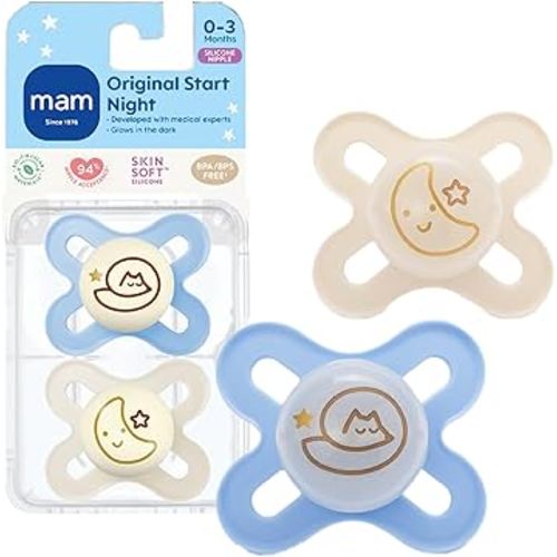 MAM Original Start Night Baby Pacifiers, Binky for 0-3 Months, BPA-Free Silicone Nipple, Easy to Clean, Best for Newborn Babies, Developed with Medical Experts, 2 Count Binkies with Sterilizer Case