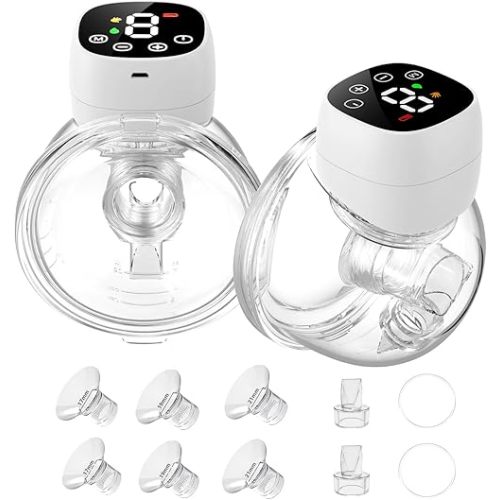 Hands Free Breast Pump, Wearable Breastfeeding Pump 3 Modes & 9 Levels, Low Noise Electric Portable Breast Pumps with LED Display, Extended Battery Life, 24mm Flange, 2 Pcs White