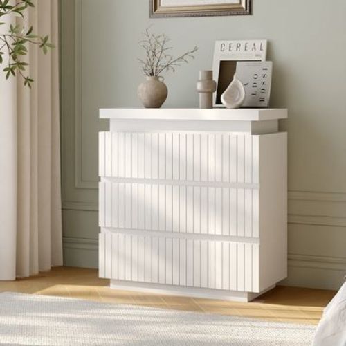 3 Drawer Dresser for Bedroom, Modern Fluted Chest of Drawers with Thick Floating Top, Handleless Wood Accent Storage Cabinet, White (31.5" W)