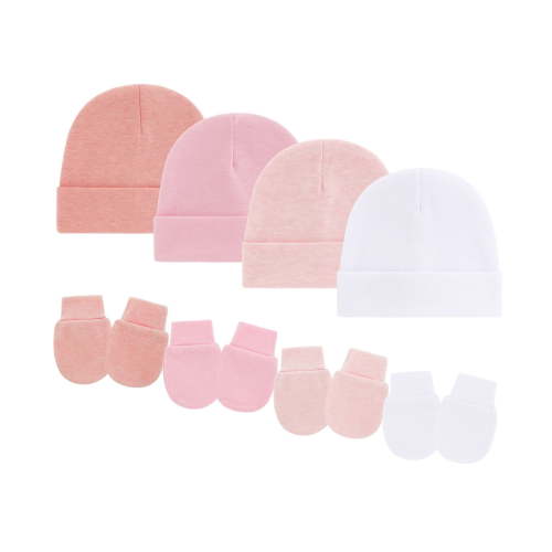 Set of 4 Infant Hospital Hat and Gloves Comfortable Fit Stretchy Cotton Bonnet Cap Keeps Baby Warm Cosy Unisex Design