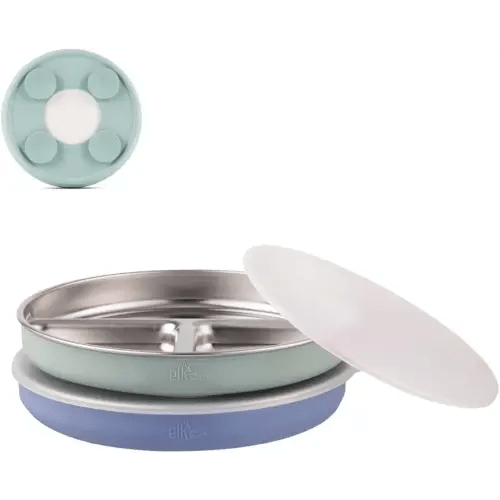 Elk and Friends Kids Stainless Steel Divided Plates with Silicone Suction Sleeves + Lid | Suitable for Babies/Toddlers | Dishwasher Safe | Stay Put Dinnerware | Snack Dishes | 2 Pack