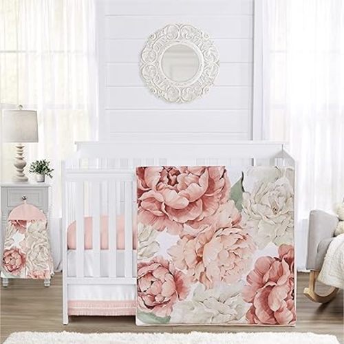 Sweet Jojo Designs 4-Piece Baby Crib Bedding Set (Pink Boho Floral) for Girls, Infants/Nursery incl. Blanket, Fitted Sheet, Skirt, Diaper Stacker (Watercolor, Bohemian, Wildflower, Vintage, Elegant)