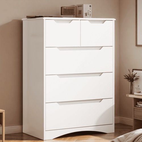 Lofka 5-Drawer Dresser for Bedroom, Apartment Saver! Easy Assembly, Anti-Tip Kit, White Modern Storage Cabinet for Small Space