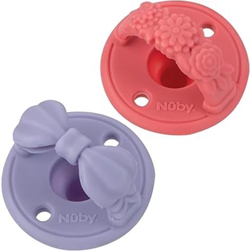 Nuby 3-D Sili Soother Pacifiers with Soft Handle and Two Safety Air Holes, 2 Pack, 0+ Months, Purple Bow and Pink Flowers