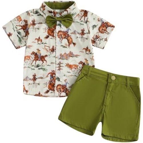 Toddler Boy Western Summer Clothes Riding Horse Button Down Short Sleeve Shirt and Shorts Set Country Baby Clothes