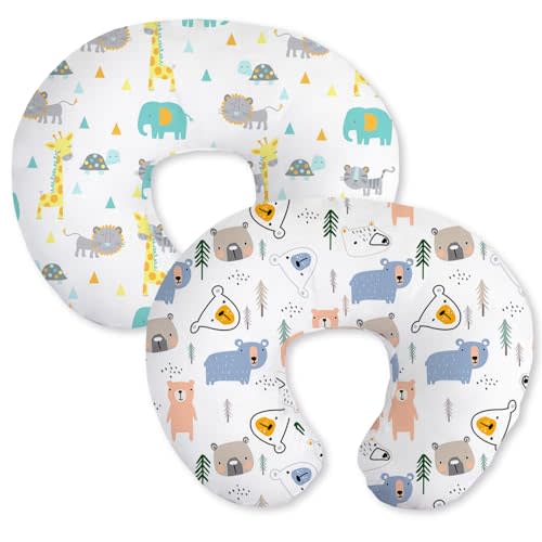 Little Grape Land Nursing Pillow Covers 2 Pack, Soft & Breathable Removable Breastfeeding Pillows Covers for Feeding Pillows, Nursing Pillow Slipcover for Baby Girls Boys, (Animal & Bear