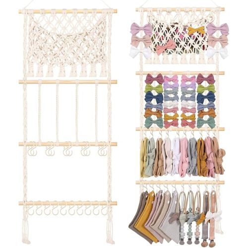 POVETIRE Headband Holder Hair Bow Organizer for Girls,Macrame Bow Holder Hair Accessories Organizer Storage Large Capacity Wall Hanging for Toddler Girl Nursery Room Decor