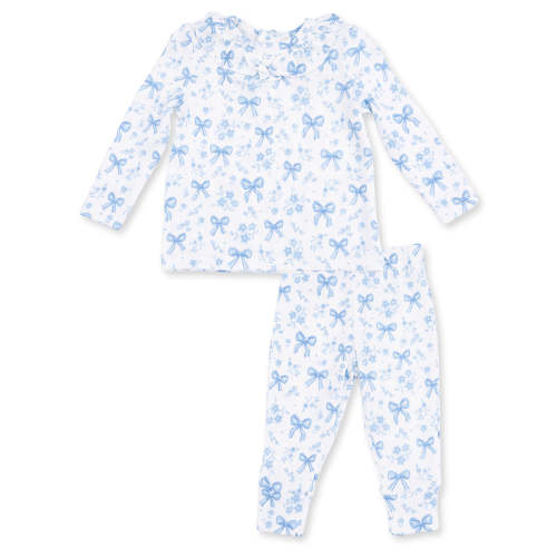 Ribbed Long Sleeve Ruffle Top & Pants, Blue Bows and Flowers