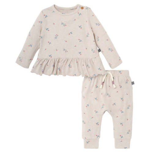 2-Piece Baby Girls Beige Tossed Floral Hacci Peplum Top and Pants