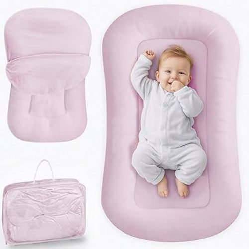 Infant Support Cushion - Baby Lounger for Newborn, 0-24 Months, Breathable Cotton Fabric Infant Support Cushion, Portable Newborn Essentials for Home and Travel, Purple (Cover Included)