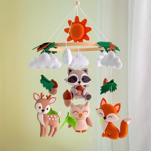 Woodland Baby Mobile, Felt Forest Animal, Handmade Nursery Decor, Personalized Baby Shower Gift