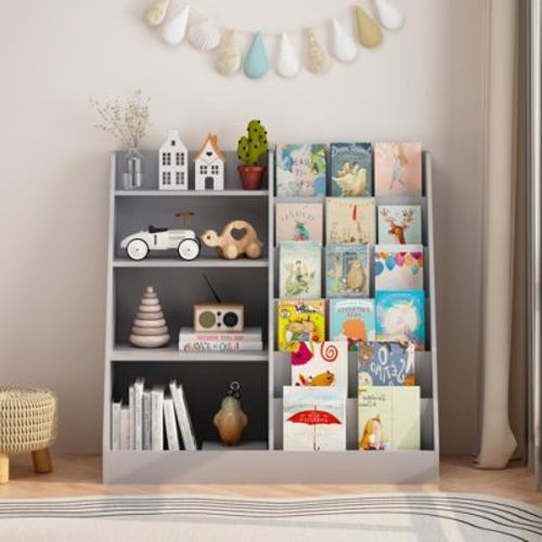 Wood Kids Bookshelf with Bookcase Display Stand, Toy Storage Organizer for Kids Room, Playroom, Nursery, Gray - ModernLuxe