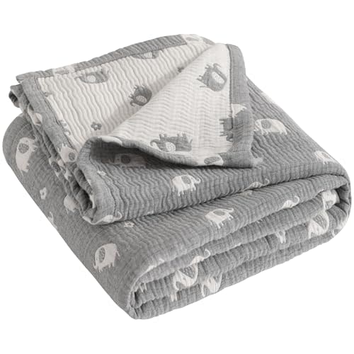 NTBAY 3 Layer Muslin Cotton Toddler Blanket, Jacquard Reversible Nursery Bed Blanket, Super Soft and Thermal for All Seasons, Decoration Gift, 30"x40", Dark Grey Elephant