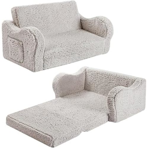 Kids Sofa, 2-in-1 Flip-Out Foam Couch, Soft Play Lounge Chair for Toddlers and Children, Extra Wide, Grey