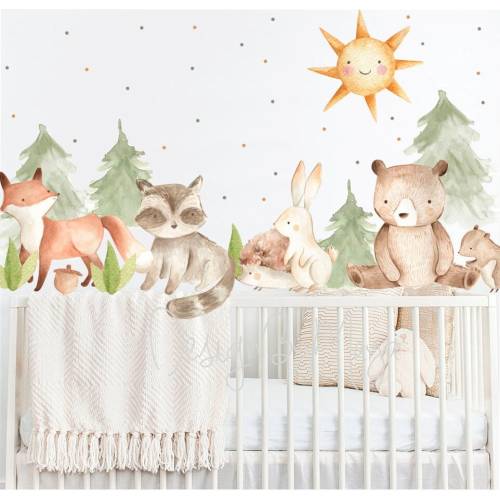 Woodland Animals Decals, Polka Dots Decor, Nursery Decals, Baby woodland, Nursery fabric decals Wall Decal Forest Murals Fox Bunny Bear