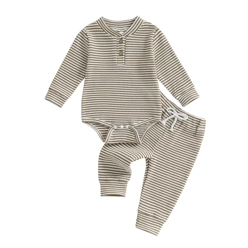 Lukivech Newborn Baby Boy Girl Clothes Striped Waffle Knit Long Sleeve Romper Long Pants Set Infant 2Pcs Fall Winter Outfit