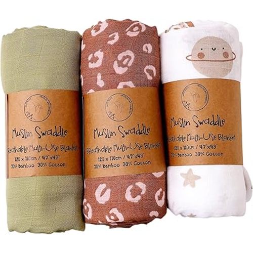 Baby Muslin Swaddling Wrap Nursery Essential for Boys and Girls 3 Pack Set Breathable Multi-Use Swaddle Blanket 70% Bamboo and 30% Cotton Super Soft Lightweight Ideal for Newborn 120x110cm/47 x43