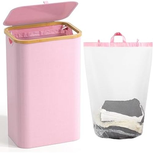 100L Laundry Hamper with Lid, Large Laundry Basket with Bamboo Handles, Clothes Hampers for Laundry with Removable Bag, Dirty Clothes Hampers for Bedroom Aesthetic, Pink