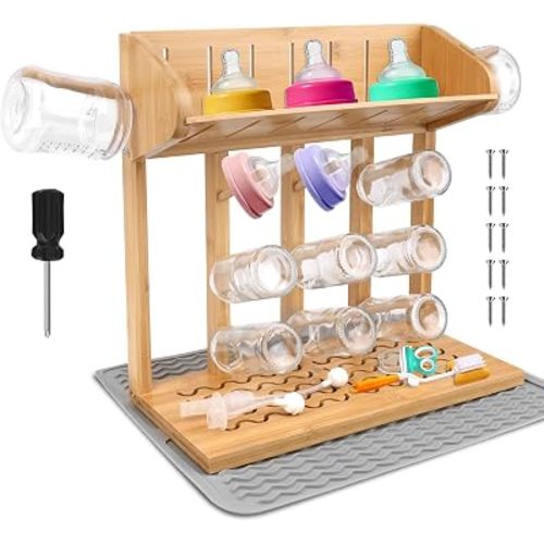 Windspeed Wooden Bottle Drying Rack for Baby Bottle Rack Dryer with Drain Pad, Space Saving for 11 Milk Glass Baby Feeder, Ideal Too for Busy Parents