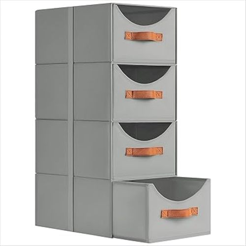 Stackable Storage Drawers - Collapsible Storage Bins with Drawers, 4 Pack Closet Shelf Organizer Basket, Fabric Pull Out Organizer for Bedroom, Living Room, Dorm, Grey
