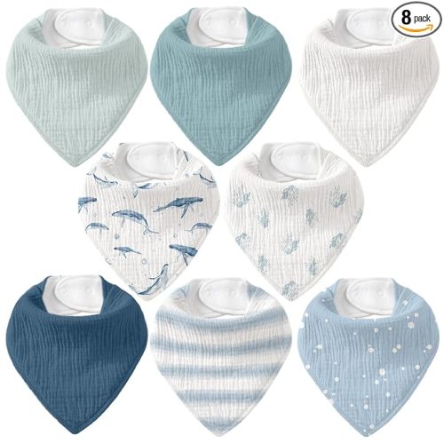 Muslin Baby Bibs 8 Pack, Baby Bandana Drool Bib for Drooling and Teething, Cotton Soft Absorbent for Girls Boys (Blue Ocean Whale)