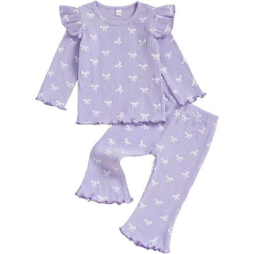 FOCUSNORM Toddler Baby Girl Outfits Ruffle Long Sleeve Striped Trim Tops + Flare Pants Set Toddler 2Pcs Fall Winter Clothes