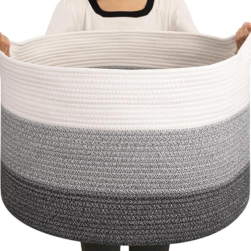 OIAHOMY 105L Blanket Basket for Living Room, Large Basket 23.6" x 23.6" x 14.6" with Handle, Laundry Hamper for Blankets, Pillows, Toy Storage for Kids, Dogs - Gradient Grey