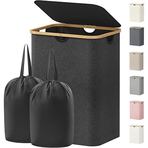 Lifewit 150L Laundry Basket with Lid, Clothes Hampers for Laundry with Bamboo Handles and 2 Removable Bag, Large Foldable Laundry Hamper for Bedroom, Bathroom, Dorm, Laundry Room, Dark Gray