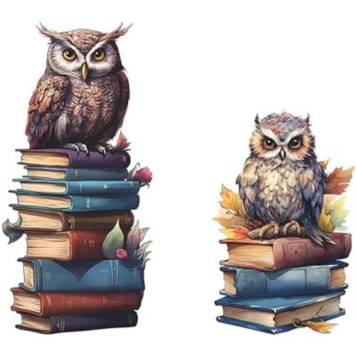 Owl Reading Books Wall Decals Stickers, Nursery Decorations Study Classroom Bedroom Owl with Books Wall Decor for Reading Corner Toddler Kids Room Home Decor Gifts