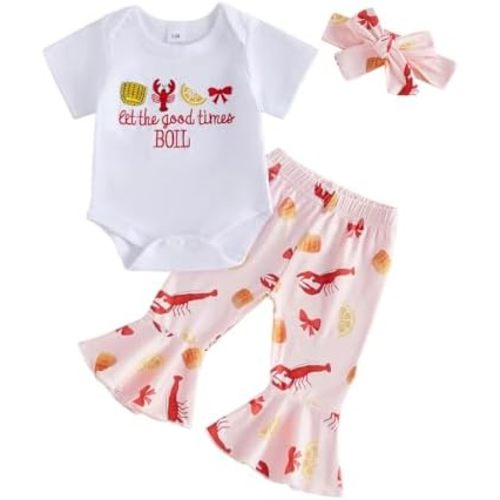 Infant Baby Girl Golf Outfit Short Sleeve Letters Romper Tops and Bell Bottoms Pants Summer Clothes Sets 3Pcs