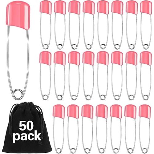 50 Pieces Diaper Pins Safety 2.2 Inch Plastic Head Cloth Diaper Nappy Pins with Locking Closures Stainless Steel with Velvet Bag(Pink)