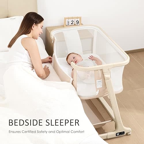 ANGELBLISS Electric Baby Bassinet Bedside Sleeper with Auto Rocking, Remote/Touch Control, 3 Timer Modes, 12 Sounds, 6 Heights, Storage & Wheels (Beige)