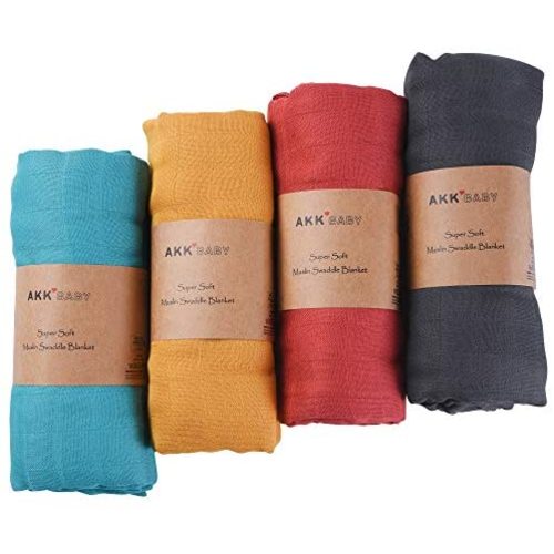 AKK BABY Muslin Swaddle Blankets 4 Pack , Soft Neutral Receiving Baby Blankets for Boys & Girls, Upgrade Solid Color Swaddle Wrap, Large 47 x 47 Inches