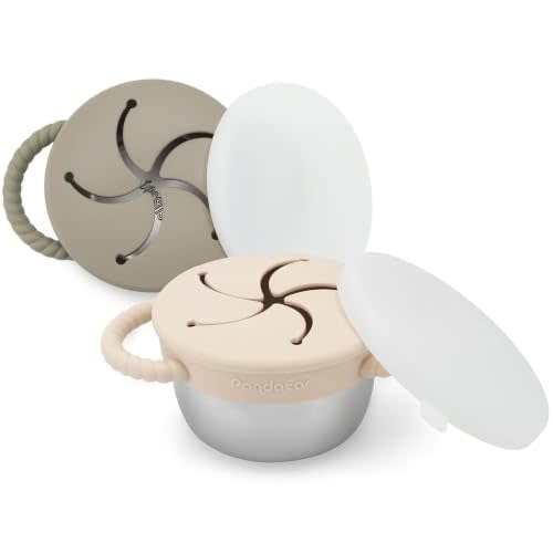 PandaEar 2 Pack Stainless Steel Toddler Snack Cups with Lids, 9 oz | Kids Snack Containers, Spill-Proof Baby Snack Cup Holder with Silicone Food Catcher & Handles, Dishwasher Safe, Beige & Sage