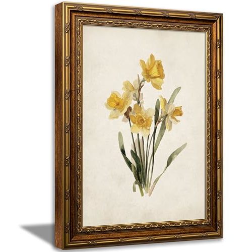 BsAutoTull Vintage March Birth Flower Daffodil Framed Wall Art | Antique Botanical Print Yellow Floral Wall Decor for Country Farmhouse Living Room Bedroom Entryway Gift for Her 9x11 Inch