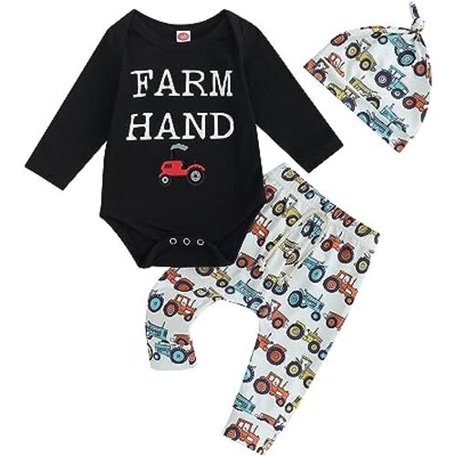 SAYOO Baby Boy Cowboy Outfit Newborn Western Country Boy Clothes Cow Print Letter Bodysuit+Long Pants+Cap 3pcs Fall Clothes