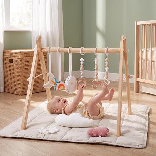 Wooden Play Gym with Beige Mat, Foldable Baby Play Gym, Infant Activity Mat with 6 Hanging Toys, Natural Pine Wood Frame Activity Center, Easy to Assemble & Clean, Newborn Present for Boys & Girls