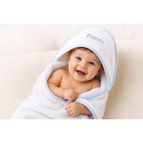 Soleus Personalized Baby Hooded Towel, Custom Embroidered Name Bath Towel, Soft Absorbent Cotton Towel for Newborns, Infants & Toddlers, for Boys & Girls, 30 x 30 Inches - Blue