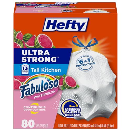 Hefty Ultra Strong 13 Gal Kitchen Trash Bags, Fabuloso Watermelon, 80ct | 13G Tall White Trash Bags with Drawstrings for Kitchen and Home Use, Resists Leaks, Punctures, Rips, Continuous Odor Control