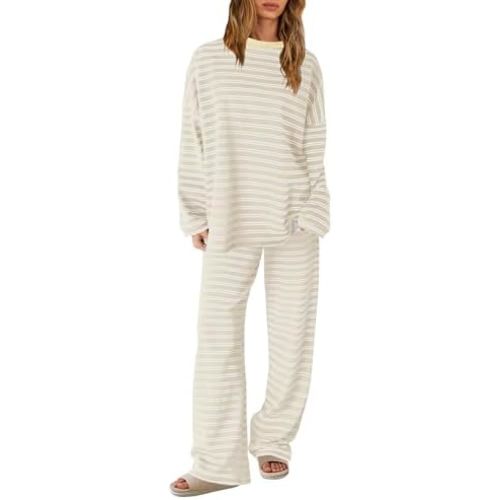 SENSERISE Womens Striped Lounge Set 2 Piece Outfits Striped Long Sleeve Shirt Wide Leg Pants Pajamas Set Travel Outfit