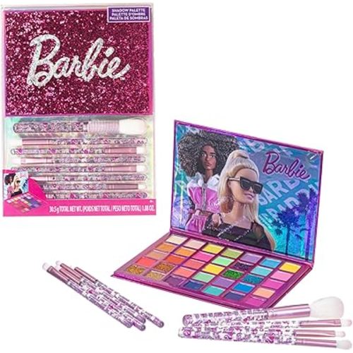 Barbie 35-Well Shadow Palette, Shimmery and Opaque Colors, Pigmented Blendable, 8 Application Brushes Ages 8+, Perfect for Parties, Sleepovers & Makeovers, By Townley Girl