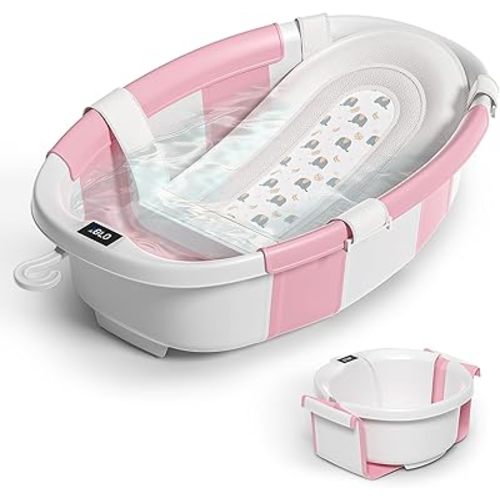 Collapsible Baby Bathtub for Newborn to Toddler 0-36 Months,Spacious Foldable Infant Bath Tub with Thermometer,Cushion & Drain Hole,Portable Travel Tub, Baby Shower Gift Pink